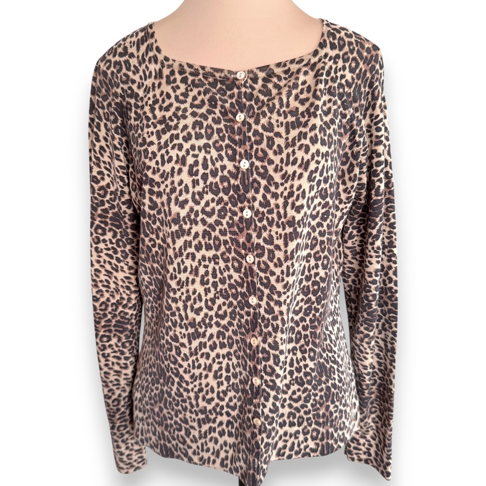 TINA HAGEN Leopard Print Silk Blend Cardigan Top Size L
